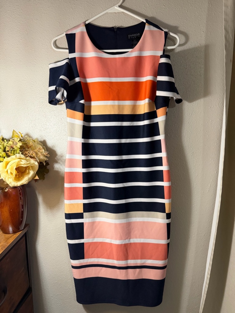 Enfocus Studio Navy, Coral & Pink Striped Cold-Shoulder Midi Dress